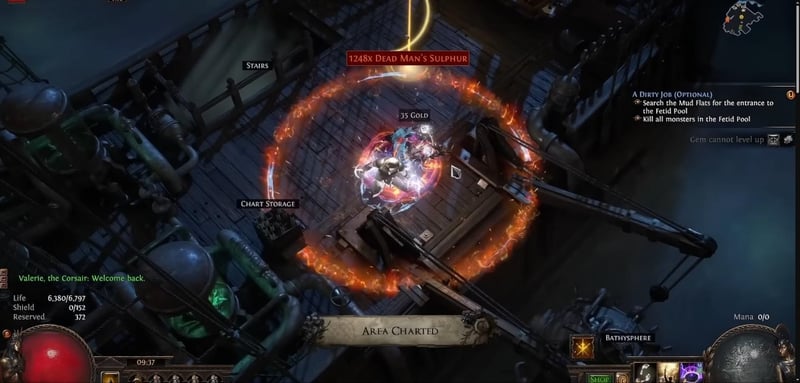 Returning to the Bathysphere on the Sovereign in Path of Exile 3.29, with the Chart Storage stash labelled and an Area Charted banner, picking up 1248 Dead Man's Sulphur