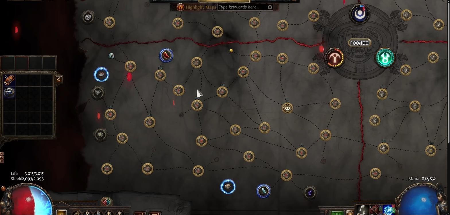 Path of Exile atlas showing anomaly nodes manifested in a quadrant after completing maps