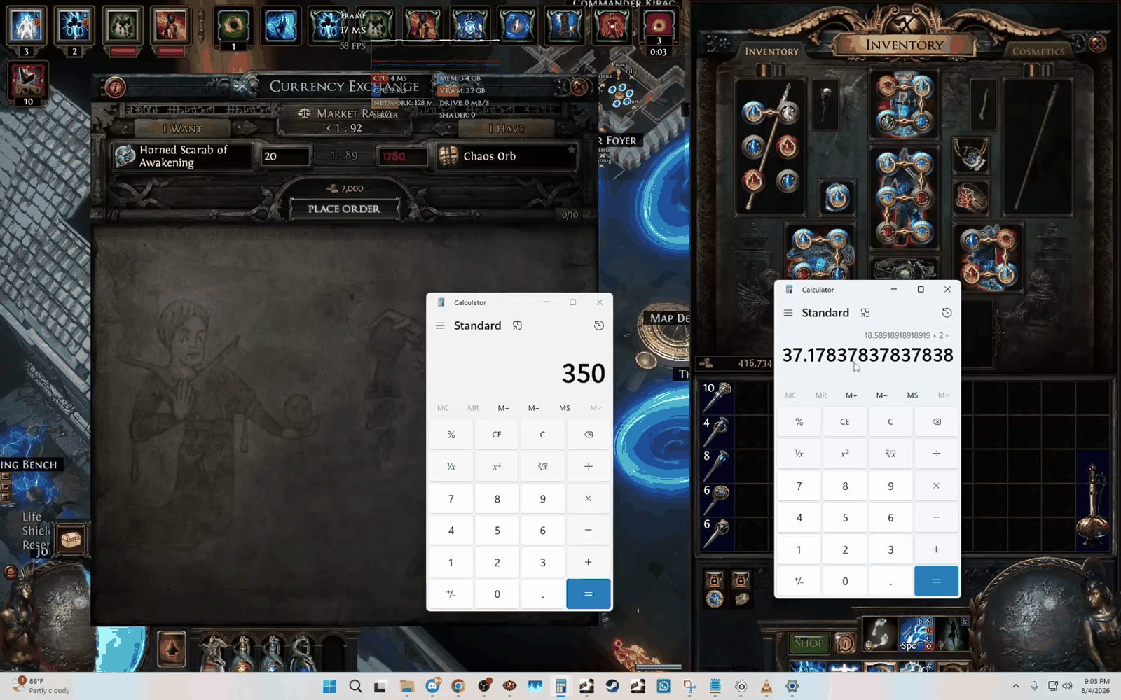 Calculator showing 37.17 divine orbs per hour for the Path of Exile Syndicate farming strategy without Awakening scarabs