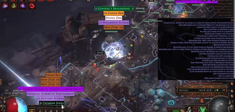Path of Exile City Square map clear with dropped Divine Orb, Chaos Orbs and Incursion Scarabs and a modifier panel reading Rare Monsters each have 4 additional Modifiers and 166% more Scarabs found in this Area