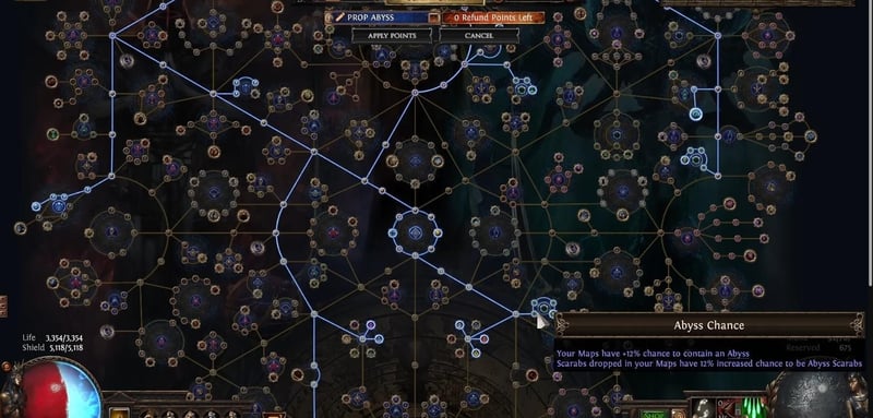 Path of Exile Atlas passive tooltip for Abyss Chance reading Your Maps have plus 12 percent chance to contain an Abyss and Scarabs dropped in your Maps have 12 percent increased chance to be Abyss Scarabs