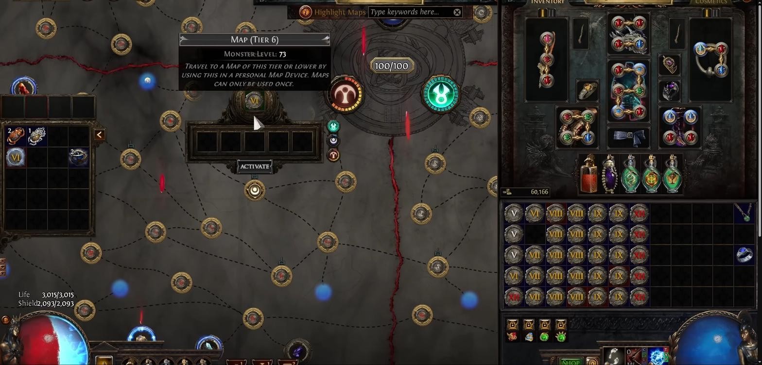 Path of Exile map device with a tier 6 map loaded and ready to activate for a mercenary rush
