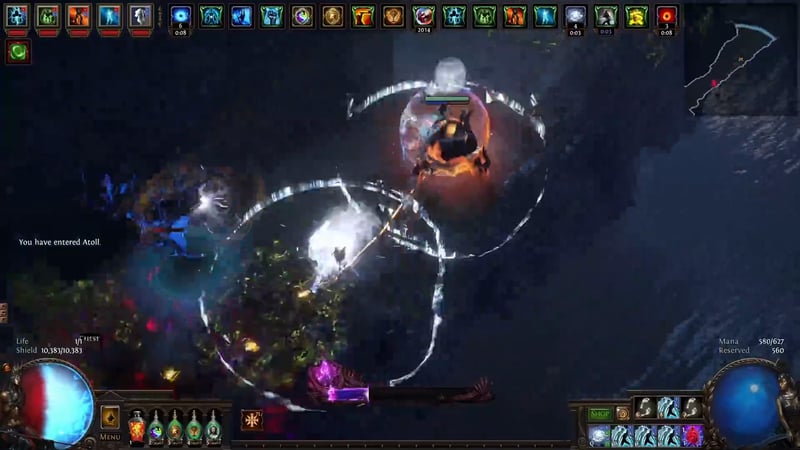 Winter Orb Elementalist clearing a dense monster pack in a Path of Exile map, with cold projectiles raining down and shattering enemies across the screen.