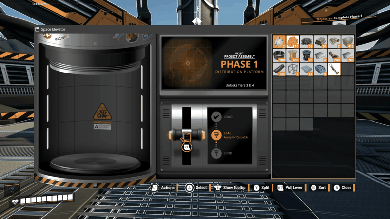 Satisfactory Space Elevator interface showing Project Assembly Phase 1 Distribution Platform sealed and ready for dispatch, which unlocks Tiers 3 and 4