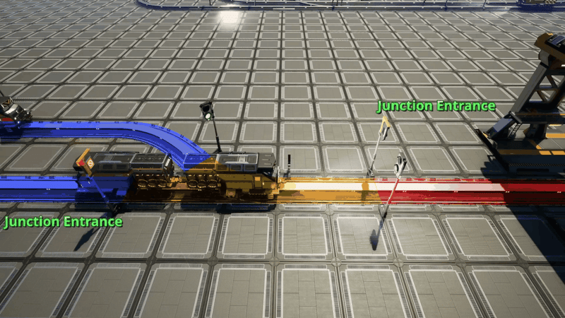 Satisfactory merge point with two green 'Junction Entrance' markers, a blue block on one approach, a red block on the other and the yellow pathed block in the middle.
