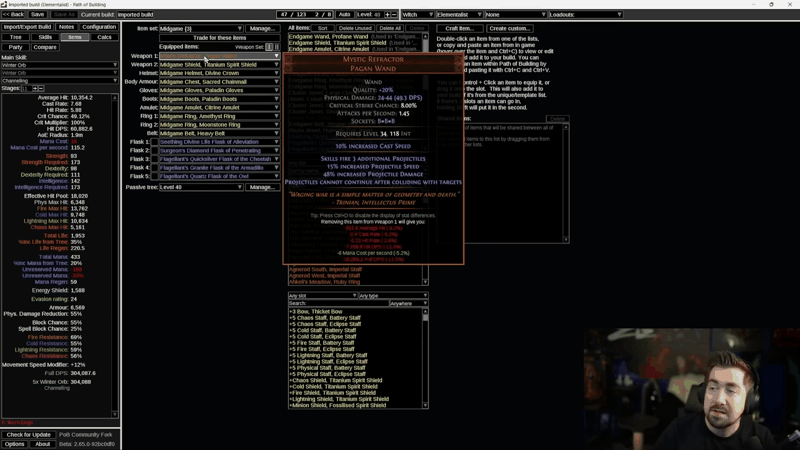 Path of Exile item tooltip for the Mystic Refractor Pagan Wand inside Path of Building, listing its additional projectiles, increased projectile speed and increased projectile damage rolls for the Winter Orb build.