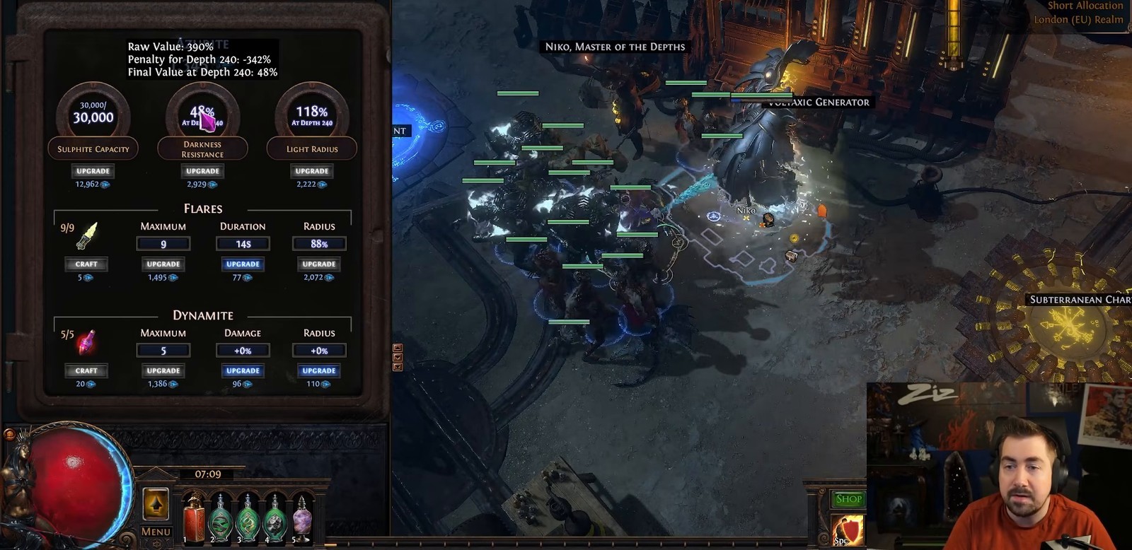Path of Exile Niko Delve upgrade panel showing Sulphite Capacity, Darkness Resistance, and Light Radius values with Azurite costs
