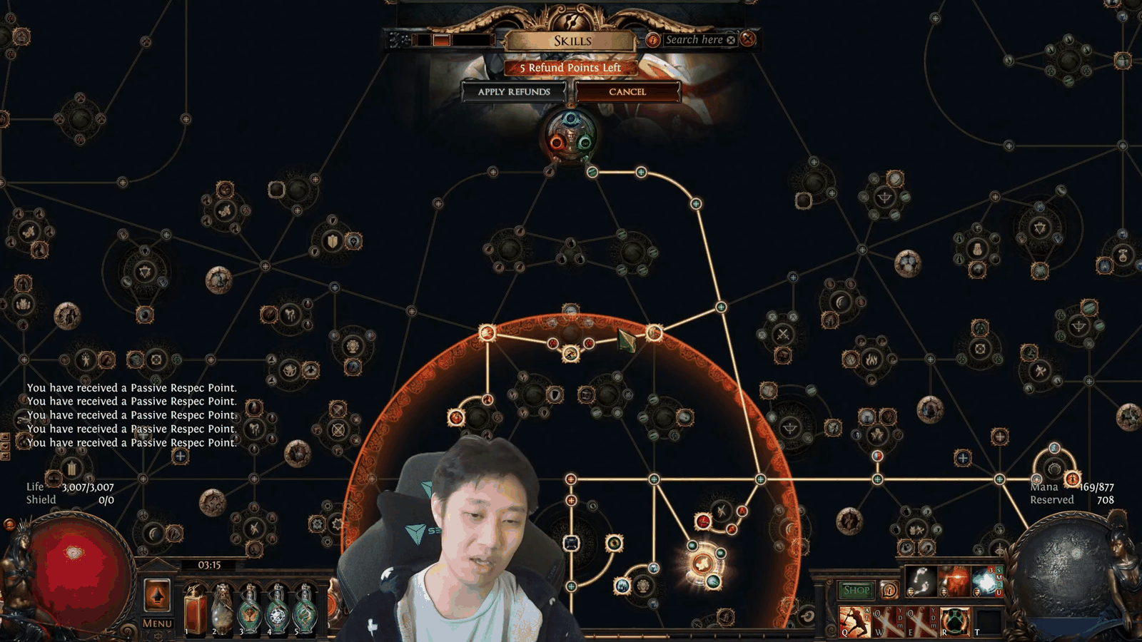 Path of Exile passive tree respec screen showing 5 refund points left and the apply refunds button, part of any poe passive tree beginner guide