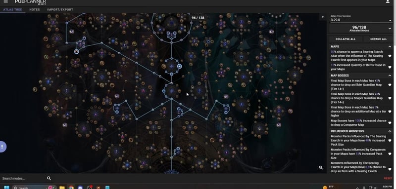 The completed Path of Exile 3.29 atlas passive tree at 96 of 138 allocated nodes, with the summary panel listing map boss and influenced monster bonuses