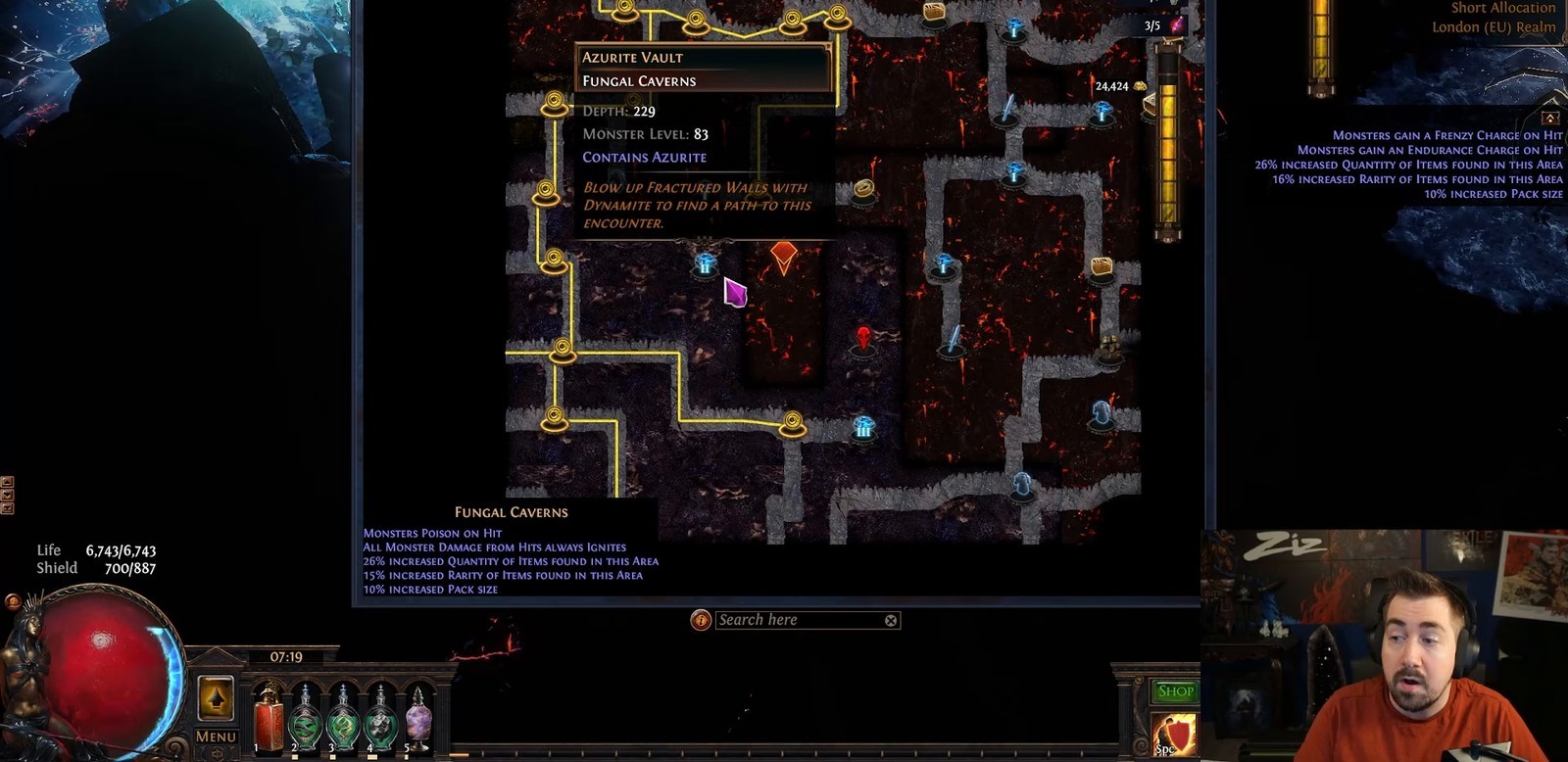 Path of Exile Subterranean Chart overview map showing a hidden Azurite Vault node reachable by blowing up a fractured wall with dynamite