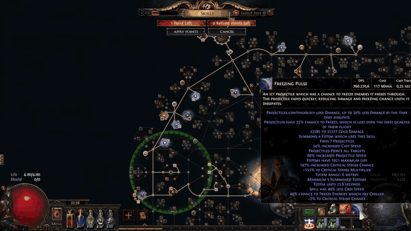 Freezing Pulse tooltip on the Path of Exile passive tree screen listing totem range 6 metres, maximum 5 summoned totems, 25.8 second totem duration and 1,921 totem life