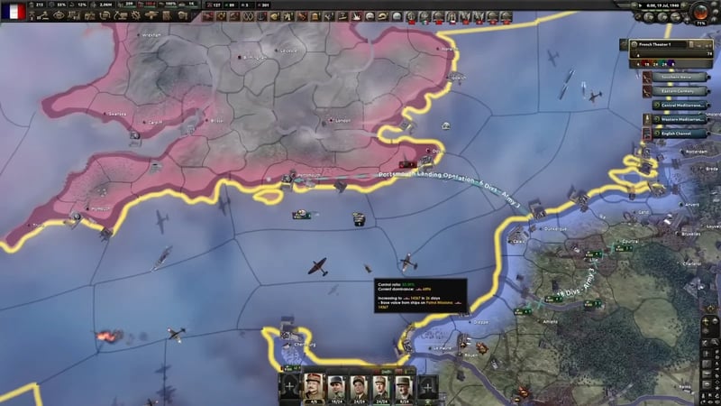 War map showing the Portsmouth Landing Operation naval invasion arrow crossing the English Channel, plus a naval control tooltip reading Control ratio 53.39%, Current dominance 6896, Increasing to 14367 in 26 days