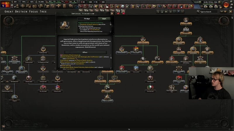 The Great Britain focus tree's political branch (A Change in Course, The King's Party, God Save the King, Alliance with Germany) with the Imperial Federation focus tooltip open, showing its 70-day duration and its requirement of Hold the Imperial Conference plus the Dominion of North America as a subject.