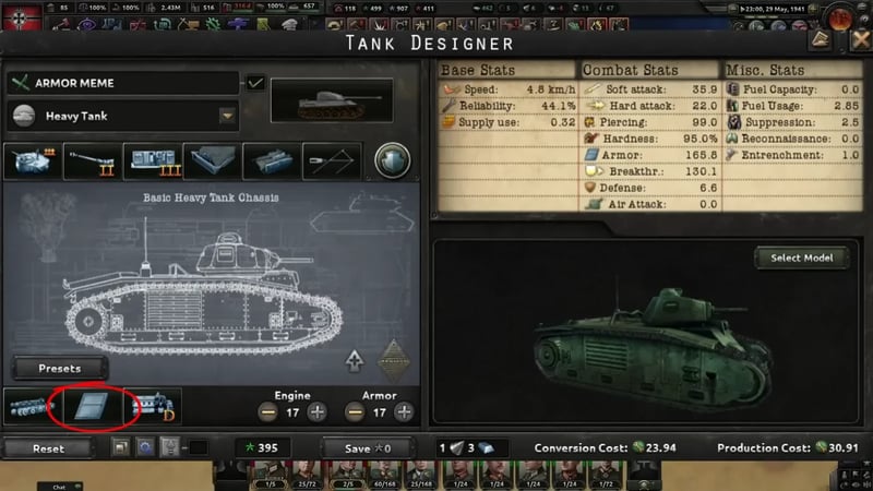 HOI4 Tank Designer panel showing segl's "ARMOR MEME" Basic Heavy Tank Chassis build with Armor 165.8, Breakthrough 130.1, Reliability 44.1%, Production Cost 30.91