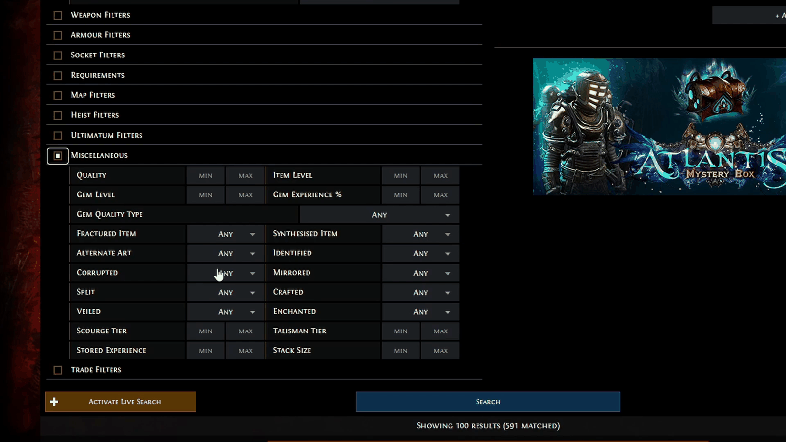 Path of exile trade website filter panel expanded, with the Corrupted filter being set to No before re-running the search