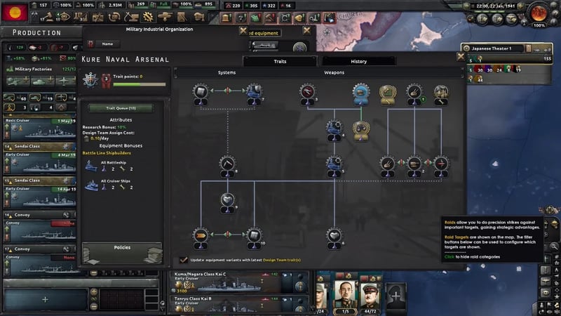 Kure Naval Arsenal design team's trait tree and equipment bonuses in the ship designer
