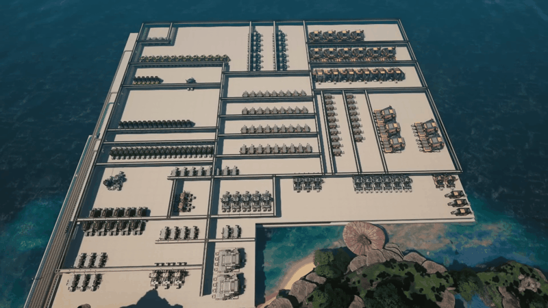Overhead view of a completed Satisfactory mega factory with distinct production blocks separated by service corridors