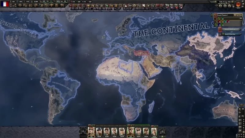 Full world map with "The Continental System" faction label spanning across Africa, the Middle East and beyond