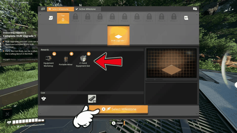 Satisfactory HUB terminal milestone screen for HUB Upgrade 1, listing Equipment Workshop, Portable Miner and +1 Hand Equipment Slot as rewards for a cost of 10 Iron Rods