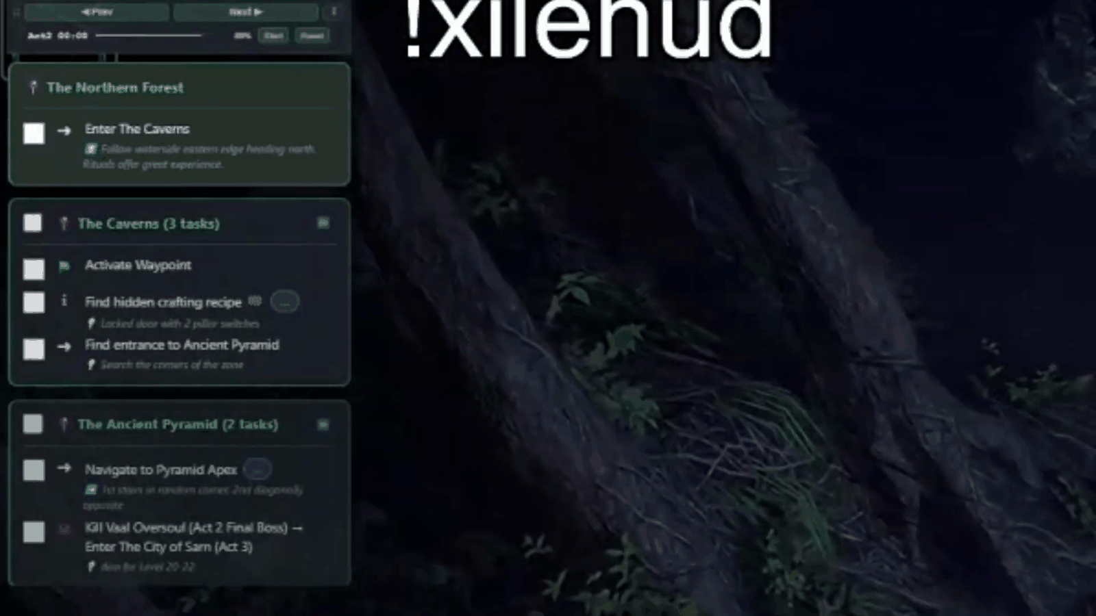 XileHUD campaign overlay listing Act 2 zone tasks and the aim for level 20 to 22 target, a Path of Exile getting started helper for new players