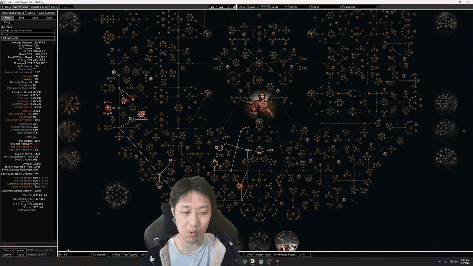 Path of Building showing an imported Slayer passive tree at level 54 with the stat panel reading 3,693 life and 81/80/80/75 resistances, the core tool in any Path of Exile new player guide