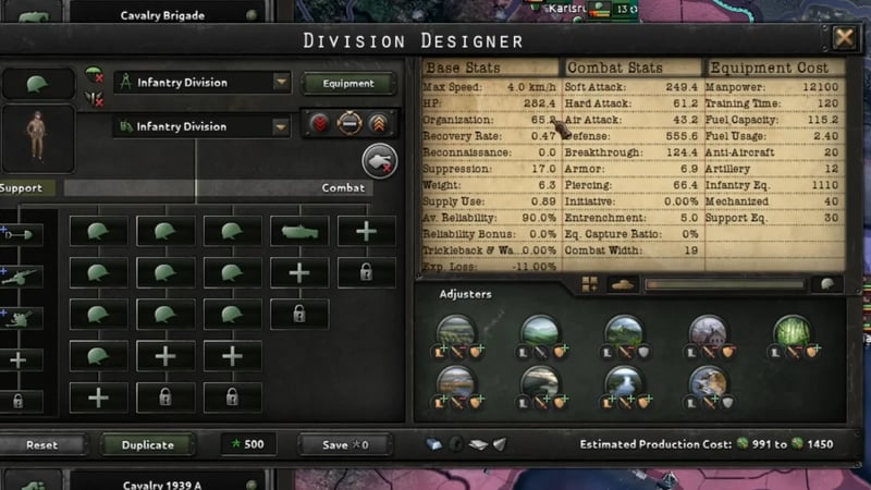 The Division Designer open on the late-game Infantry Division template, showing base stats, combat stats, and equipment cost columns in full: combat width 19, soft attack 249.4, defense 555.6, and an estimated production cost of 991 to 1450 IC.
