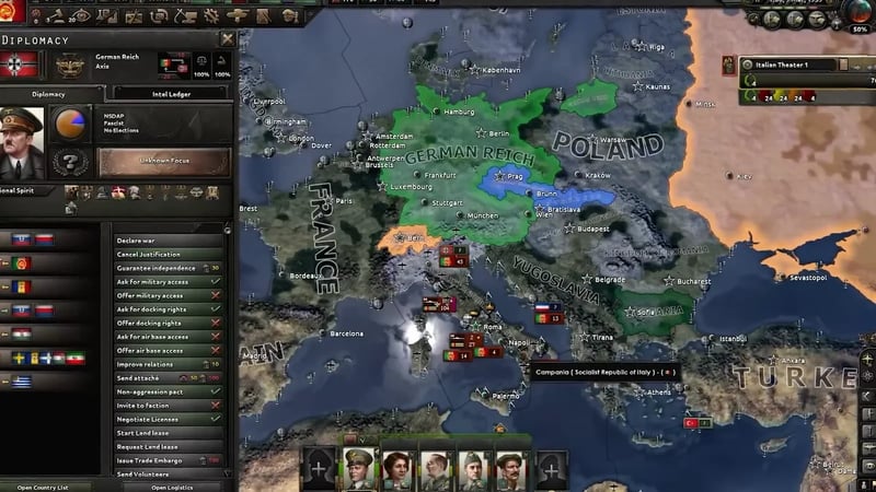 Diplomacy panel showing relations with the German Reich, a list of diplomatic actions with political power costs, and an army group panel with division counts by type