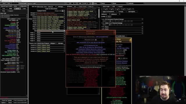 Path of Building item/gear screen for a Luminary Mercenary-support character, showing equipped rings, belt, and flask slots including a "Soulthirst" belt