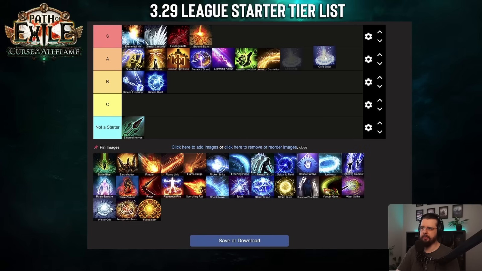 3.29 League Starter Tier List with Cold Snap being added into the A tier row alongside Static Strike, Absolution, Lightning Arrow, and Poisonous Concoction