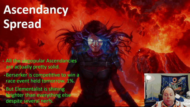 Ascendancy Spread slide arguing that unpopular Path of Exile ascendancies are still solid, with Berserker at 1% still race-competitive and Elementalist shining despite nerfs.
