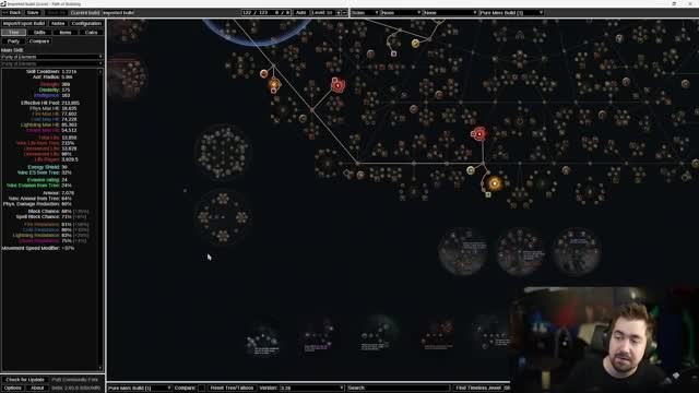Path of Building passive skill tree screenshot for a "Pure Merc build" Luminary character, showing stat totals like effective hit pool, resistances, and block chance