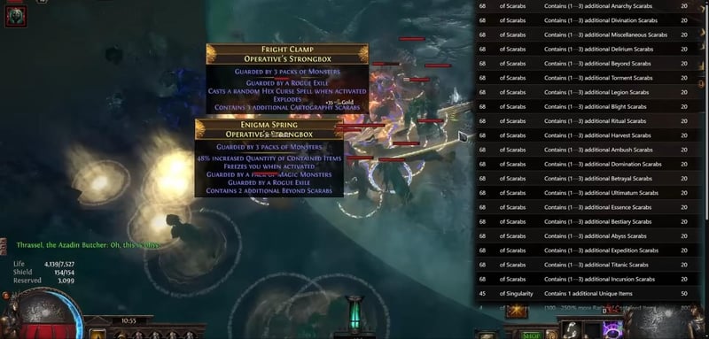 Two Operative's Strongboxes in a Path of Exile voyage with suffixes granting three additional Cartography Scarabs and two additional Beyond Scarabs, beside the strongbox modifier table