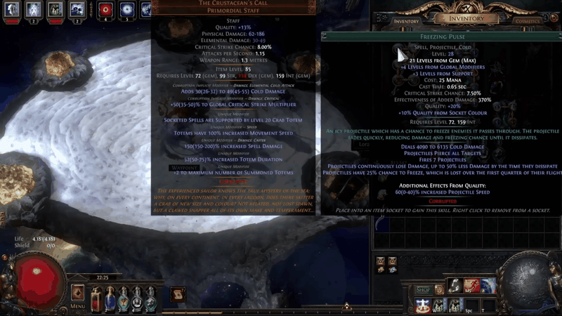 Level 28 Freezing Pulse gem tooltip in Path of Exile beside the Crustacean's Call staff, showing 370% effectiveness of added damage and 4,090 to 6,135 cold damage