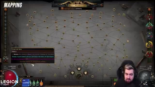 Path of Exile PoE University slide showing the connected Atlas map layout with dashed lines linking map nodes
