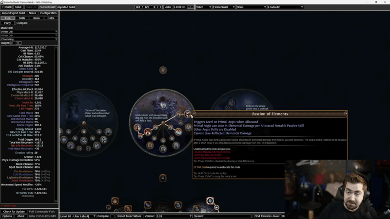 Elementalist Ascendancy wheel in Path of Building with the Bastion of Elements node tooltip open, showing the Primal Aegis elemental damage it grants and the effective hit pool lost if it is unallocated.
