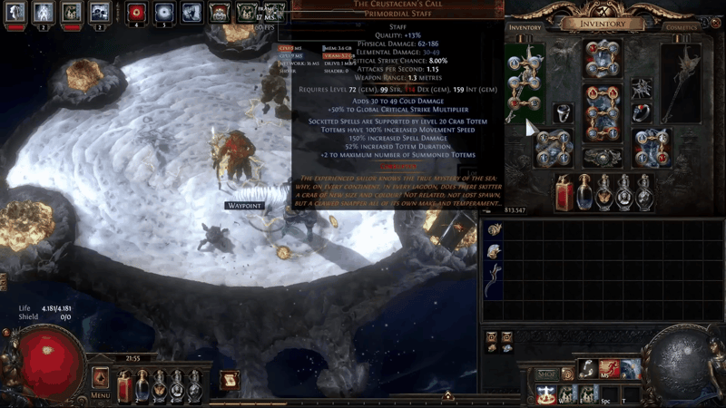 The Crustacean's Call primordial staff tooltip in Path of Exile with corrupted implicits adding 30-49 cold damage and +50% global critical strike multiplier, level 20 Crab Totem support and +2 maximum totems