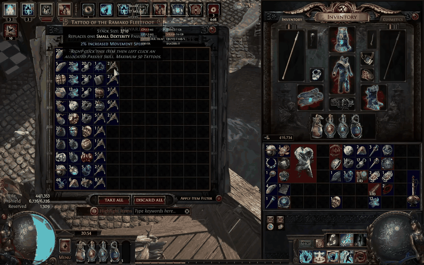 Kingsmarch 13 million shipment reward screen in Path of Exile filled with tattoos, divine orbs and currency