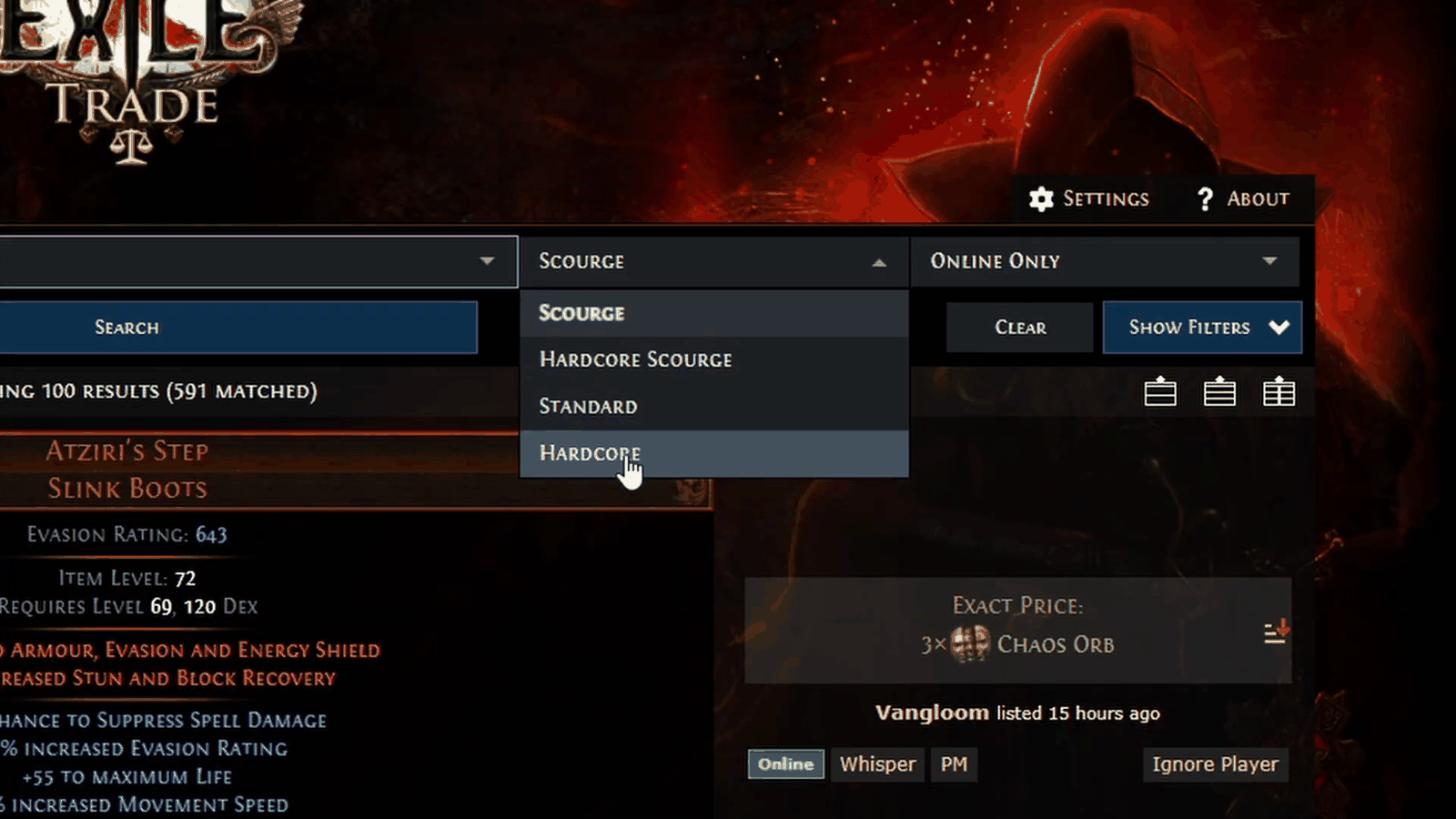 The official PoE trade site search page with an item name typed in and the league dropdown open, the step most path of exile trading guide readers get wrong