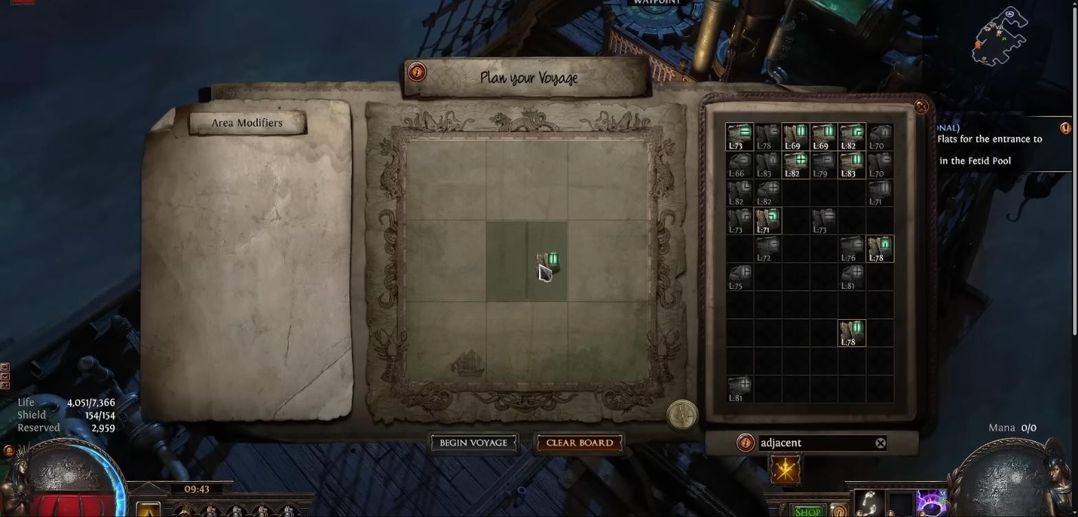 The Plan your Voyage board in Path of Exile 3.29, an empty three by three grid with the chart pile searched for adjacent and the starting boat marker in the bottom left corner