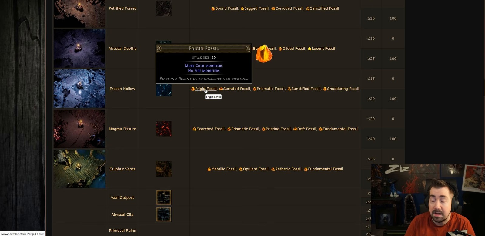 Path of Exile wiki tooltip for Frigid Fossil showing its stack size and crafting effect
