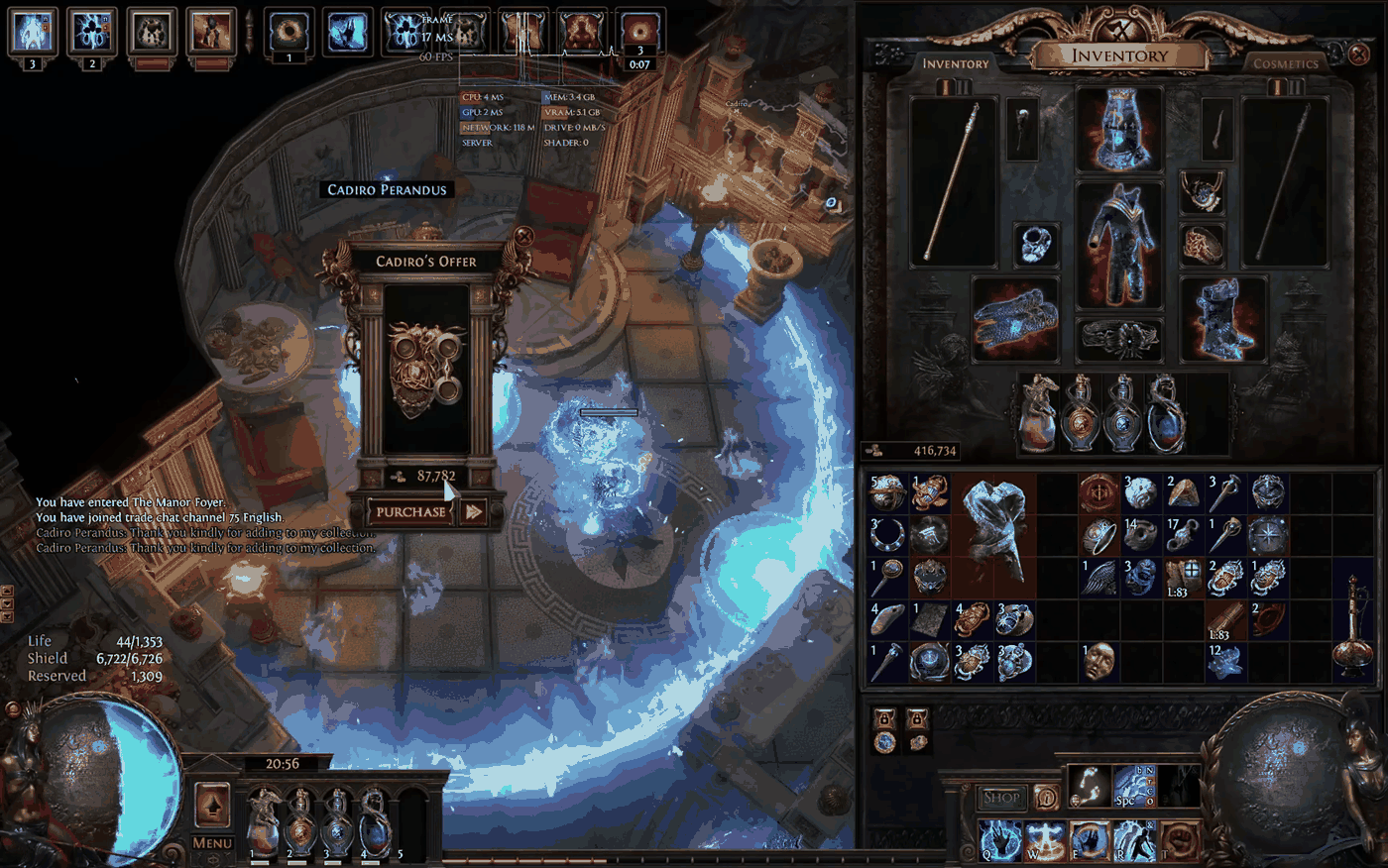 Cadiro Perandus offering a random unique item for gold inside a Path of Exile Atlas anomaly encounter