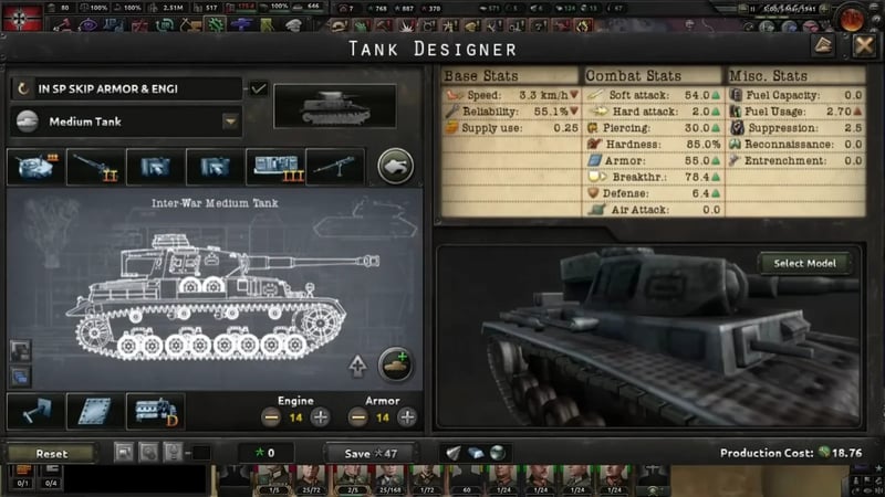 HOI4 Tank Designer panel showing segl's Inter-War Medium Tank Chassis infantry-support build with Soft attack 54.0, Breakthrough 78.4, Reliability 55.1%, Production Cost 18.76