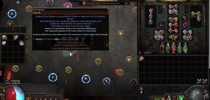 City Square Tier 16 shaped region tooltip listing Abyss region modifiers including Scarabs dropped in your Maps have 77% increased chance to be Abyss Scarabs