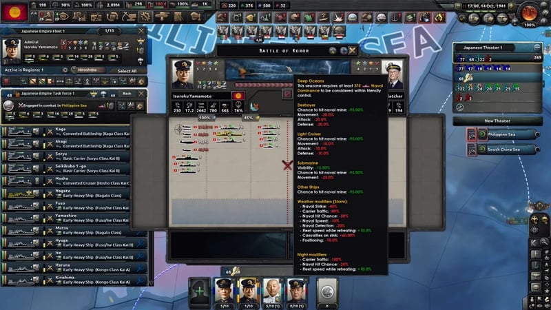 Battle of Koror between Yamamoto's and Fletcher's fleets, with the 375 naval-dominance tooltip open