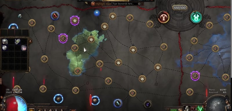 Path of Exile Atlas showing a shaped region highlighted in green across a cluster of adjacent maps in one Atlas quadrant