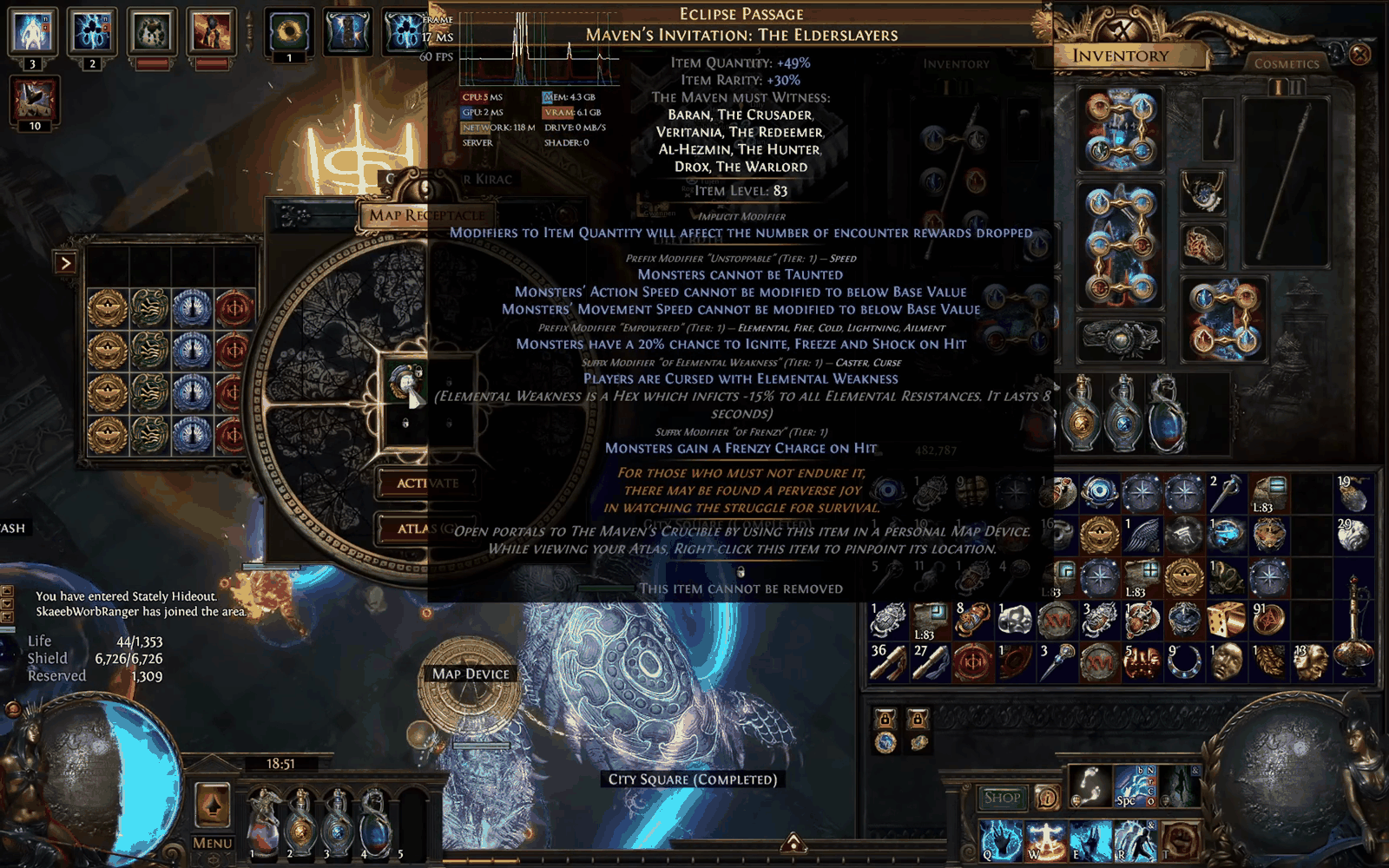 Maven's Invitation: The Elderslayers in Path of Exile rolled to plus 48 percent item quantity before running the fight