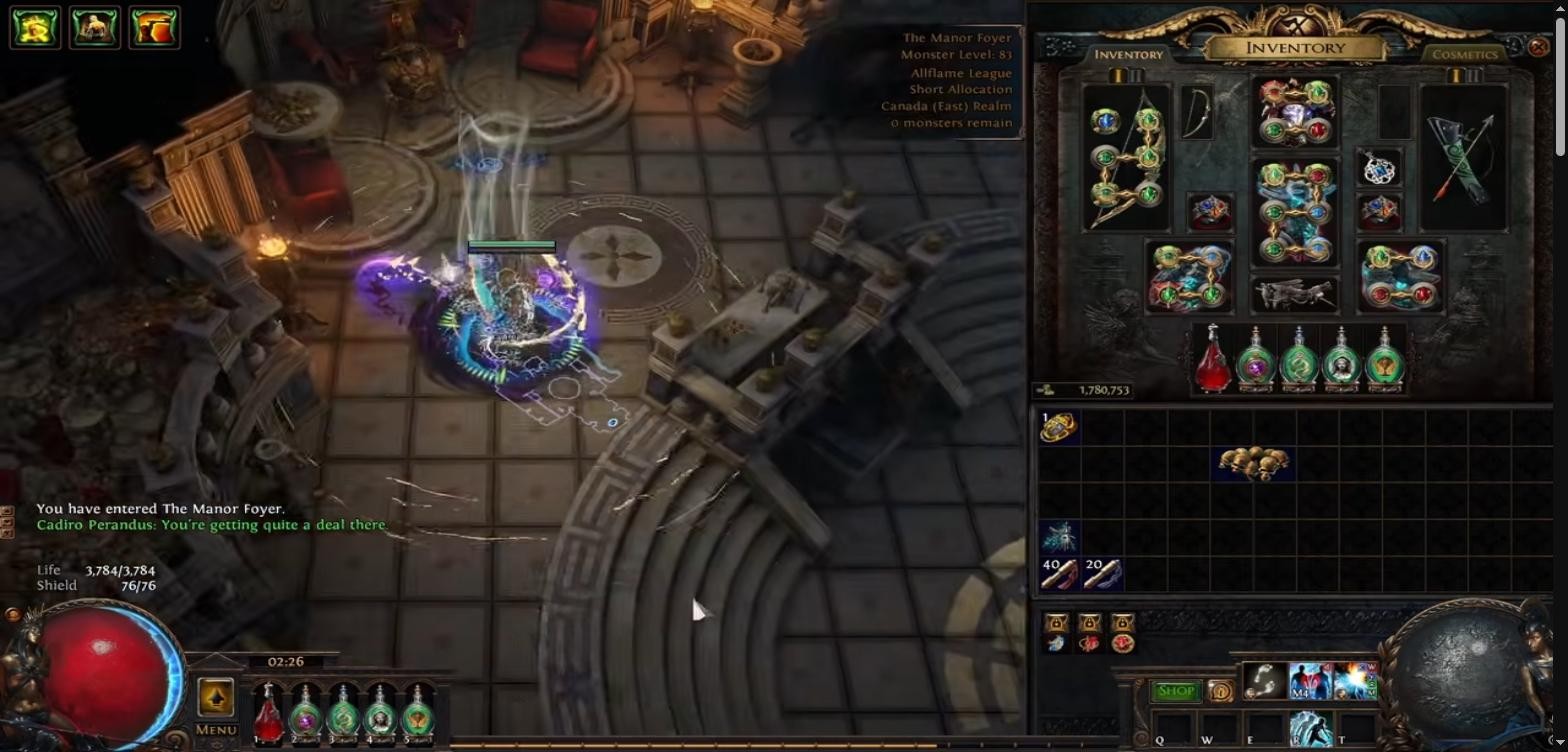 Cadiro Perandus in The Manor Foyer Atlas Anomaly, where he sells unique items and currency for gold in Path of Exile 3.29
