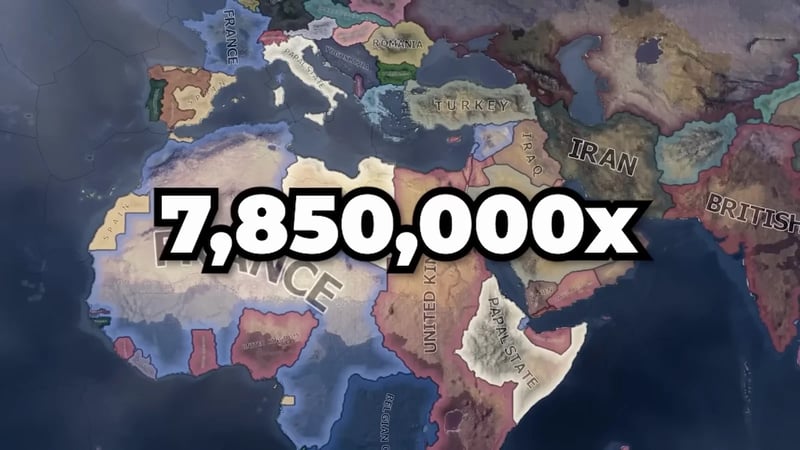 Text overlay reading "7,850,000x" above a map showing the new Papal State's territory across southern Europe