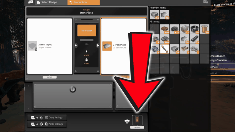 Satisfactory Constructor production panel for the Iron Plate recipe, 3 Iron Ingot at 30 per minute in and 2 Iron Plate at 20 per minute out, drawing 4 MW over a 6 second cycle