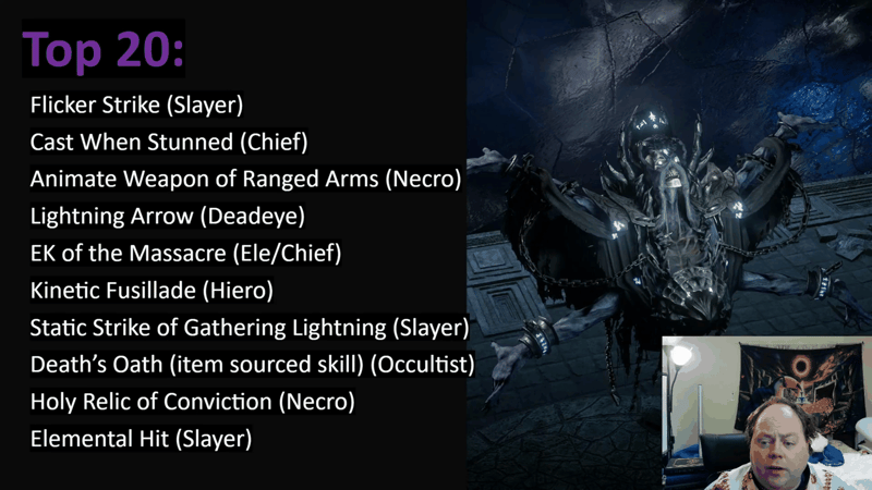 Top 20 slide listing Path of Exile skills eleven through twenty with their ascendancies, from Flicker Strike on Slayer through to Elemental Hit on Slayer.